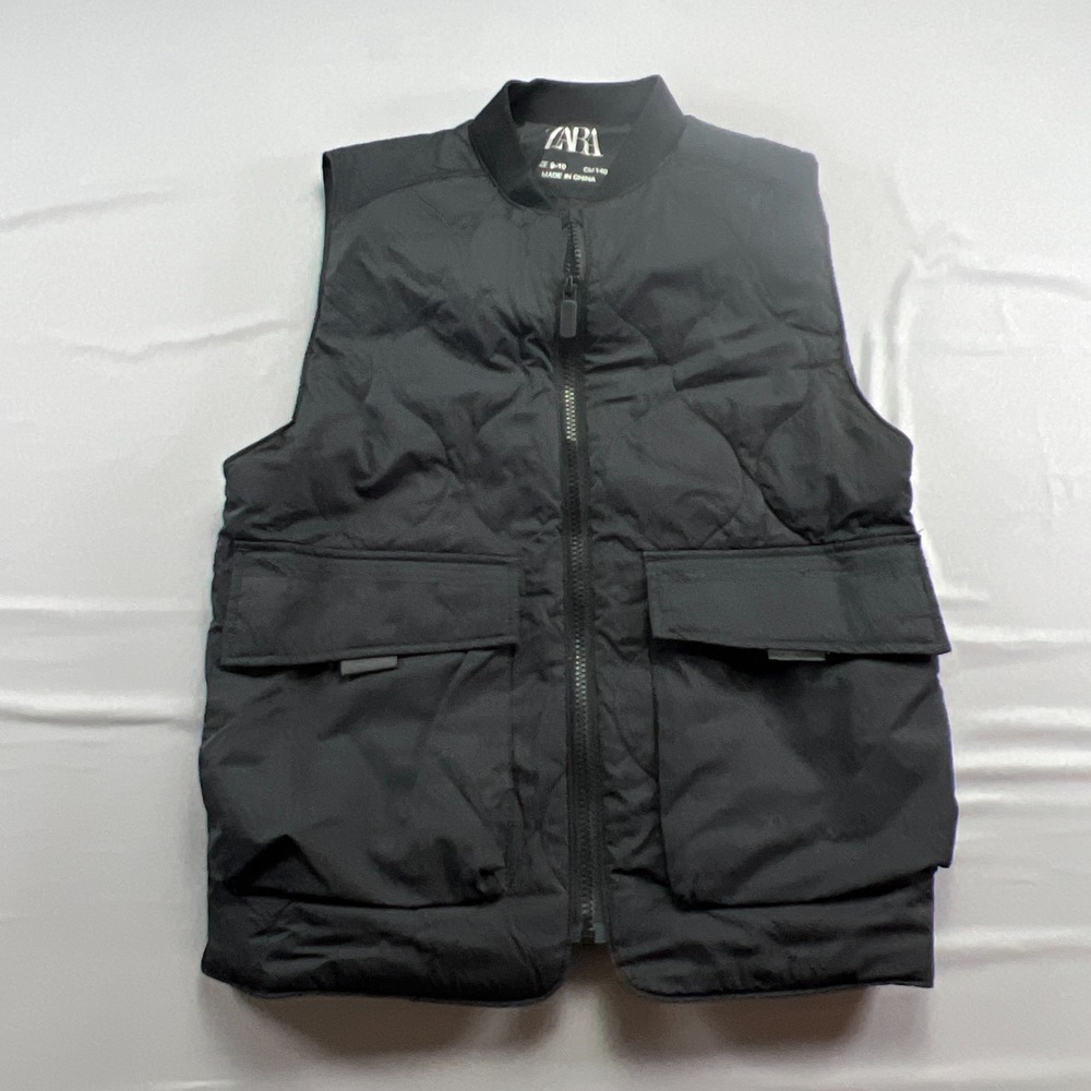 Zara Quilted Vest Kids 9-10 Black Insulated Utility Pockets Side Slits Full Zip